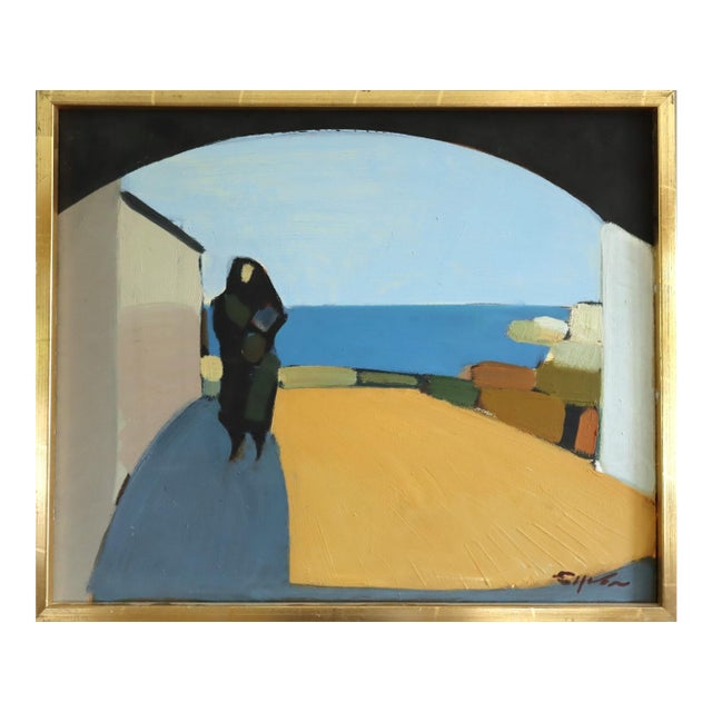Mid-Century Modern 'Seaside Passage' Vintage Coastal Landscape With Figure Oil Painting by Swedish Artist Eric Elfvén (1921–2008), Framed For Sale
