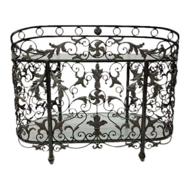 Vintage Wrought Forged Iron Oval Glass Top Console Table For Sale