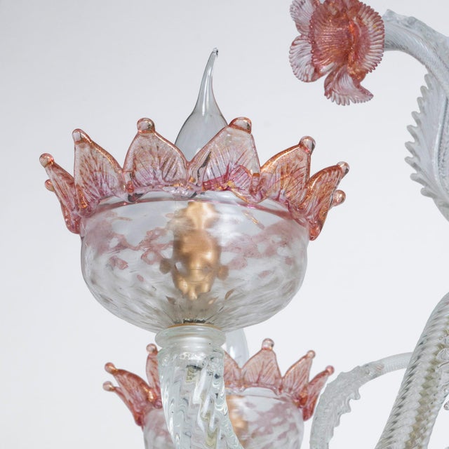 Venetian 6-Light Chandelier in White and Pink Murano Glass, 1960s For Sale - Image 6 of 9