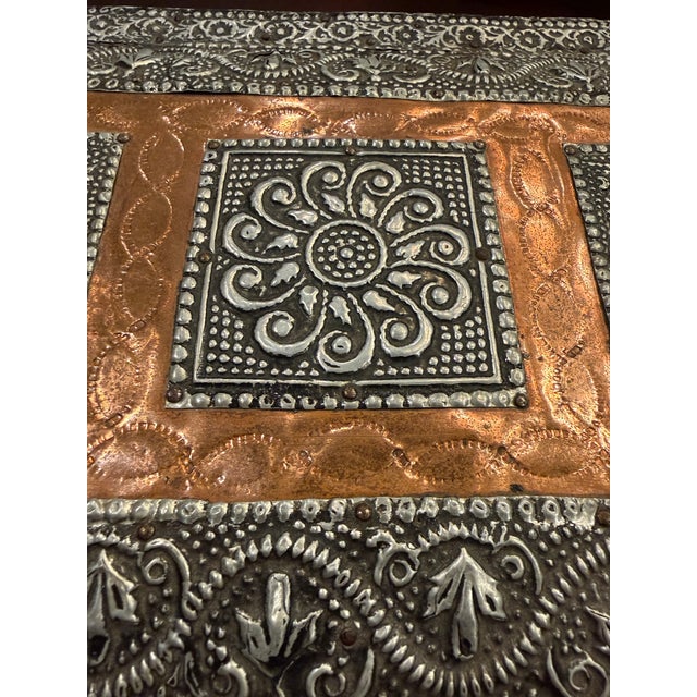 Vintage Large Indian Embossed Silver Metal & Copper Jewelry Chest - 13.5” W For Sale In San Diego - Image 6 of 10