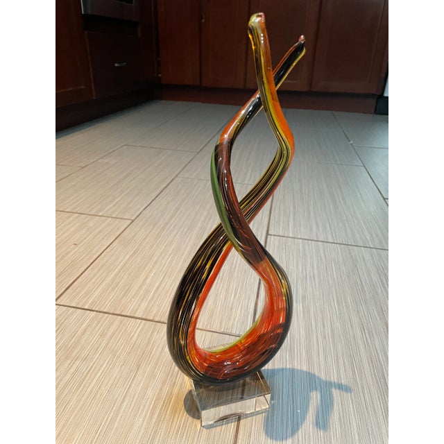 Black Mid Century Glass Art Sculpture Multi Color Swirl For Sale - Image 8 of 9