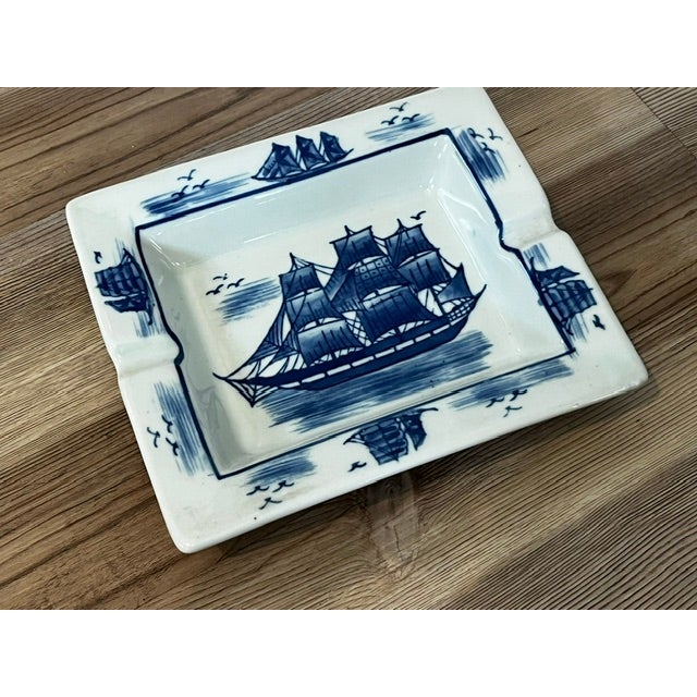 Nantucket Sailing Ship Ashtray Blue and White Ships and Birds Porcelain