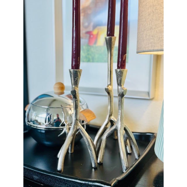 Late 20th Century Set of Three Mid-Century Modern Branch-Form Silvered Metal Candlesticks With Burgundy Tapers For Sale - Image 5 of 9