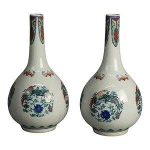 Pair of Chinese Doucai Porcelain Vases with Kangxi Mark & Pheasants, Early 20th Century