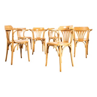 Vintage Blonde Fan Back Armchairs with Patterned Seat, 1950s, Set of 6 For Sale