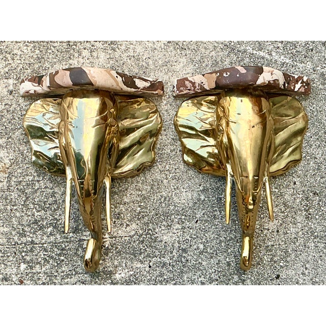 Brass Vintage Artisan Made Scagliola Elephant Brackets - A Pair For Sale - Image 8 of 12