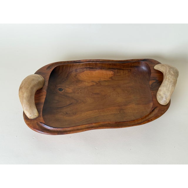 Spanish Olive Wood Centerpiece Bowl with Cow Horn Handles, 1960s For Sale - Image 7 of 15