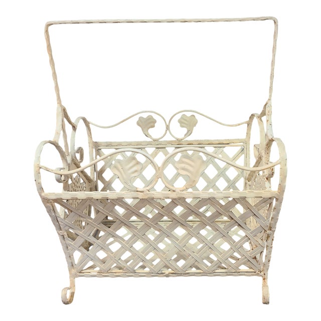 Mid 20th Century Vintage French Shabby Chic Painted White Wrought Iron Magazine Rack For Sale