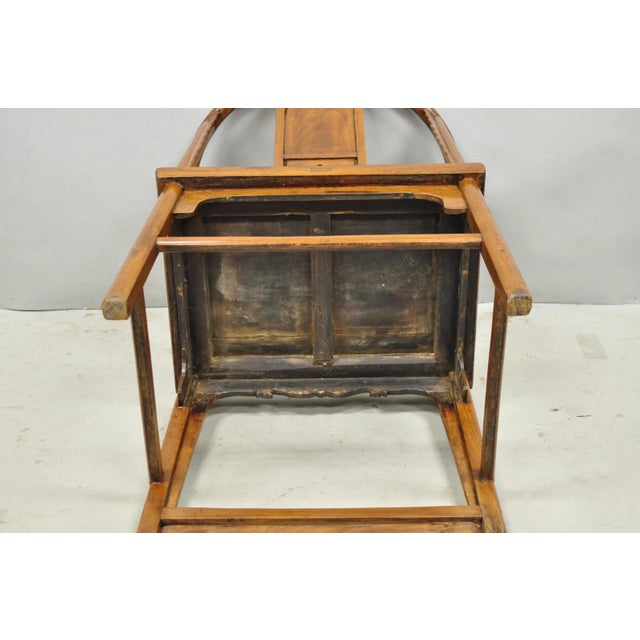Antique Chinese Elm Hardwood Horseshoe Oriental Huanghuali Lounge Arm Chair For Sale - Image 13 of 16