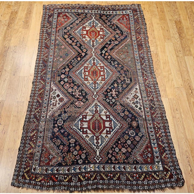 Vintage Persian Qashqai Tribal Area Rug, Hand-Knotted Wool, Geometric Medallions, 4x7, Navy & Red For Sale - Image 11 of 18