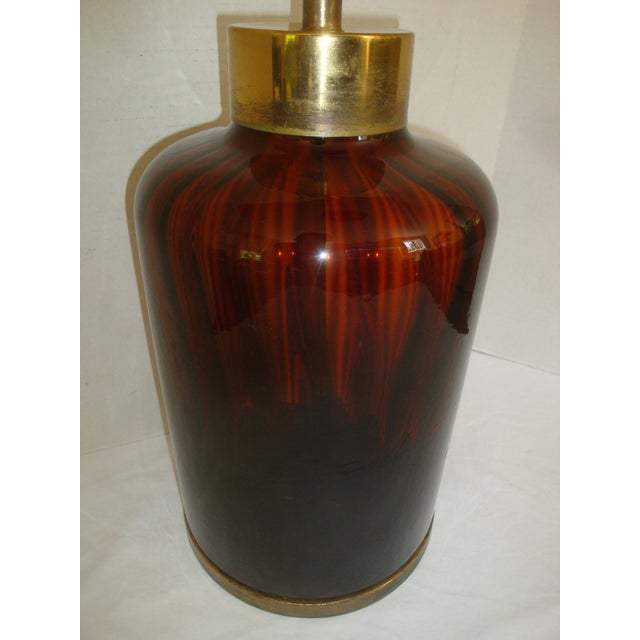 Stunning large scale striated glass table lamp in a rich tones similar to tortoise shell or root beer, dark amber, or...