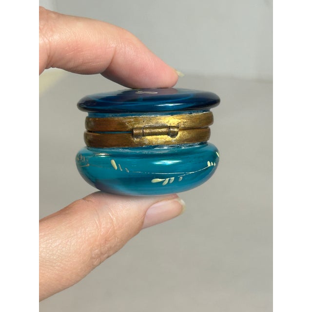 Antique Victorian Vanity Trinket Box Bohemian Floral Painted Cobalt Blue Glass For Sale - Image 11 of 12