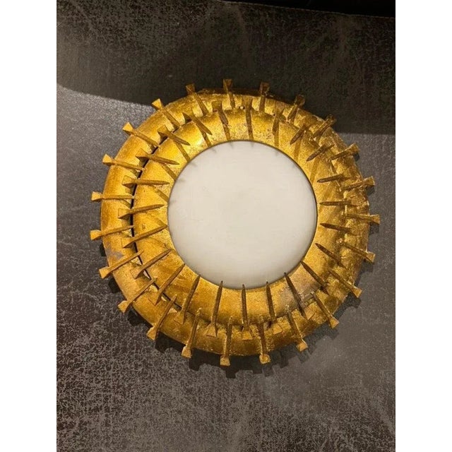 A circa 1930 Freich gilt metal flush mounted light fixture with opaline glass inset ( 2 interior lights)