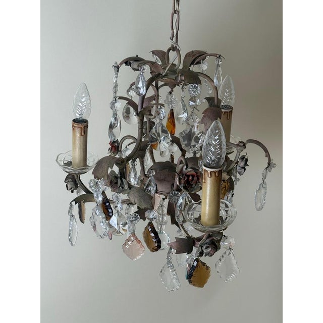 Gold Hollywood Regency Crystal 3-Arm Chandelier with Rose-Lilac Crystals from Palwa, 1950s For Sale - Image 8 of 17