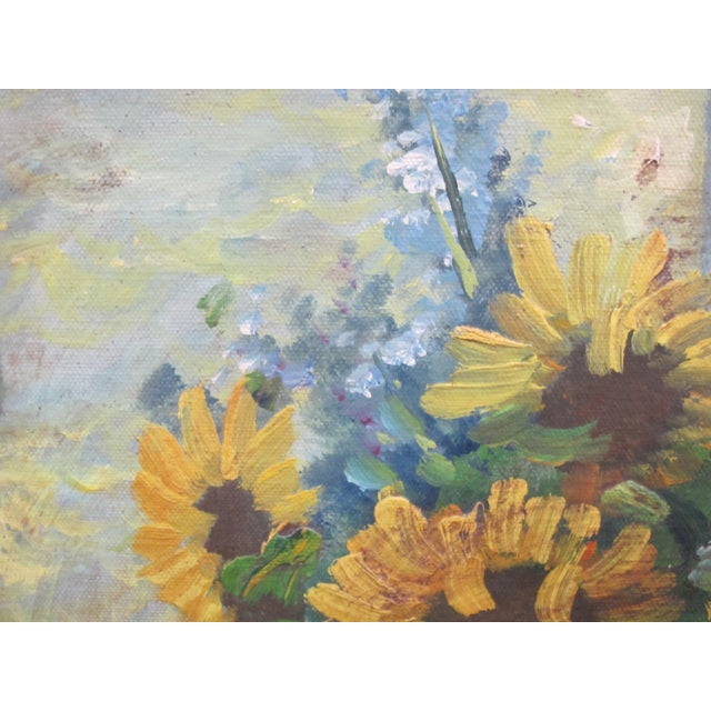 Sweet oil painting on canvas of a sunflower bouquet in vase showing reflection in background. Reproduction or similar to...