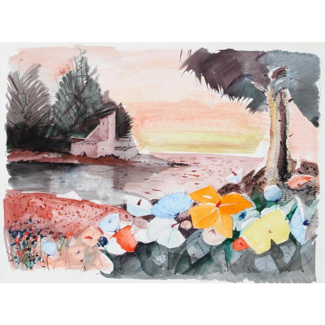 Charles Levier, Field of Flowers, Watercolor on Paper, Signed For Sale