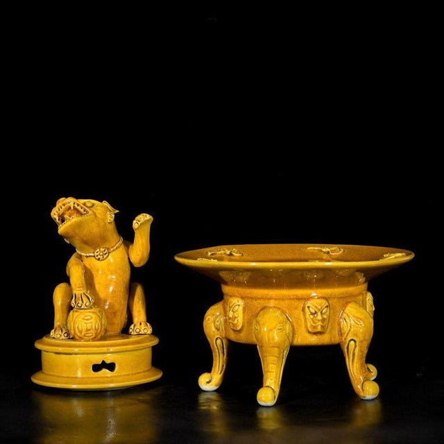Chinese Yellow Glazed Porcelain Censer / Incense Burner With Foo Dog & Elephant Legs For Sale In Los Angeles - Image 6 of 9