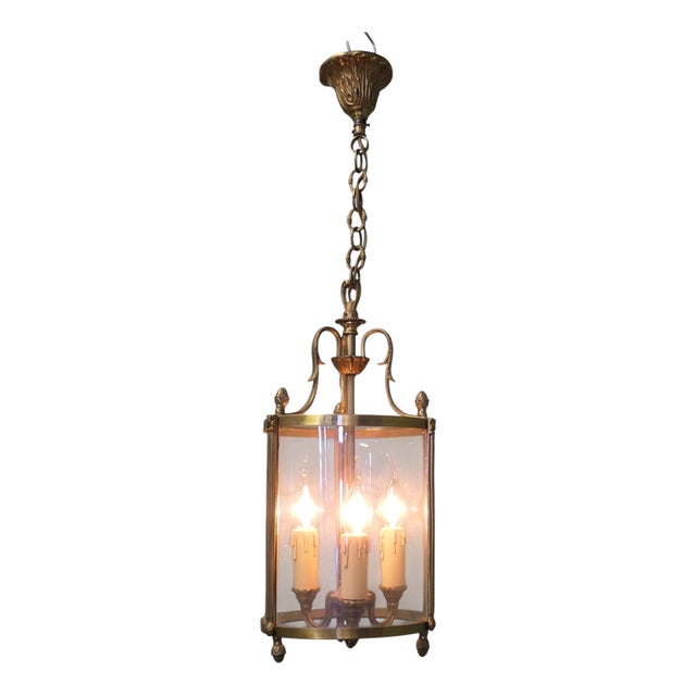 Vintage Round Art Deco Brass and Glass Lantern, 1920 For Sale