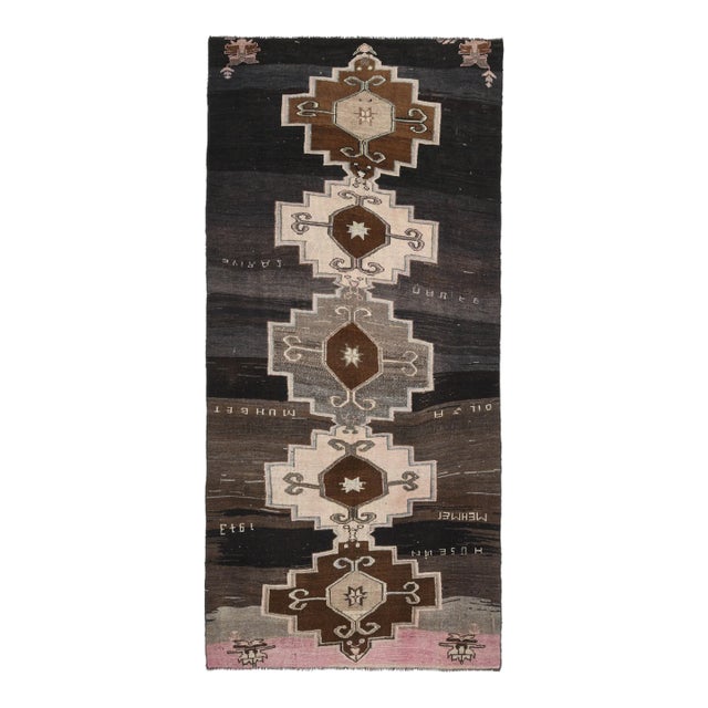 1970s Turkish Hand-Knotted Wool Cotton Brown Runner Rug For Sale