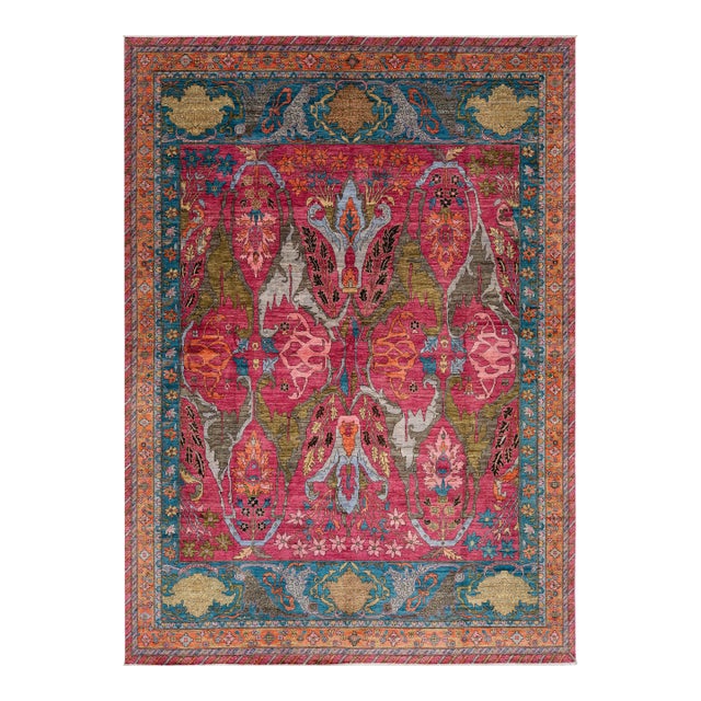 Vibrant Fuchsia & Teal Modern Bidjar Style Wool Rug With Botanical Motifs 10x14 For Sale