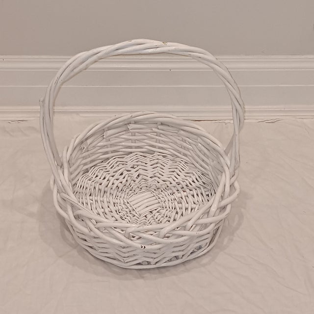 White Vintage Large French Style Hand Woven Painted White Natural Wicker Basket For Sale - Image 8 of 8