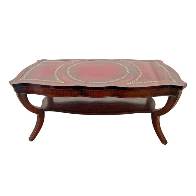 Vintage Art Deco Style Coffee Table Bottom Shelf Embossed Leather Inlays Mahogany For Sale - Image 4 of 13