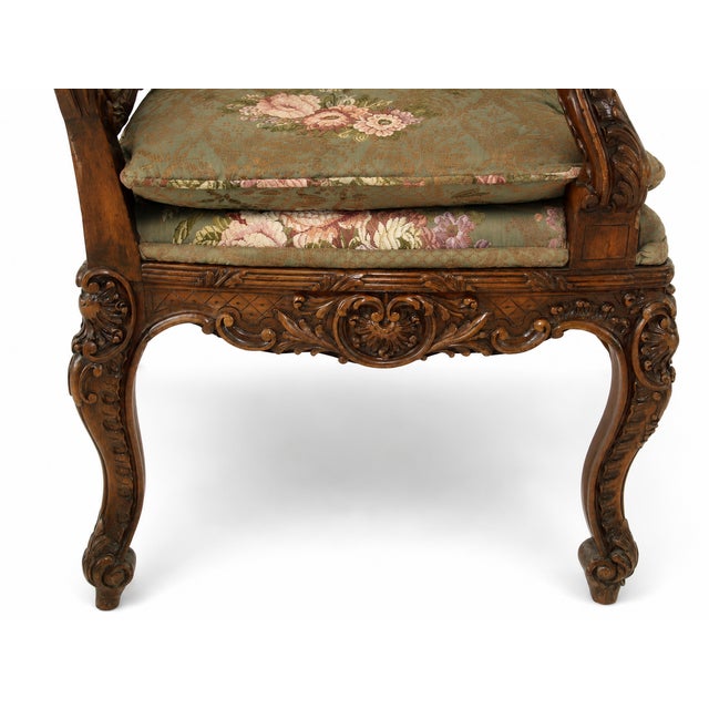 Ornate French Louis XV–Style Carved Wood Armchair With Floral Tapestry Upholstery For Sale In Tampa - Image 6 of 15