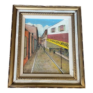 Vintage Mid Century Modern Canvas Oil Painting Framed Impressionist Street Scene Wall Art 1961 For Sale