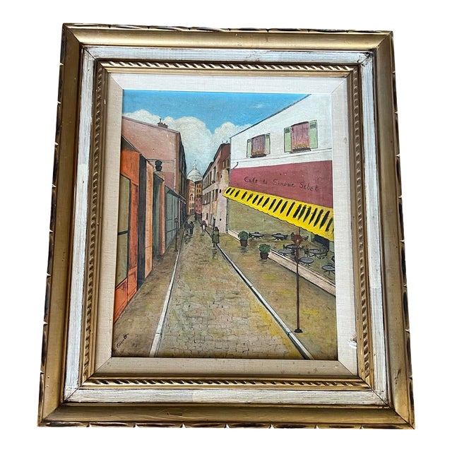 Vintage Mid Century Modern Canvas Oil Painting Framed Impressionist Street Scene Wall Art 1961 For Sale