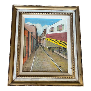 Vintage Mid Century Modern Canvas Oil Painting Framed Impressionist Street Scene Wall Art 1961