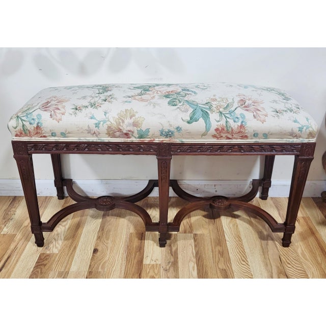 Wood Antique French 19th C Louis XIV Style Carved Mahogany Large Window Bed Bench For Sale - Image 7 of 12