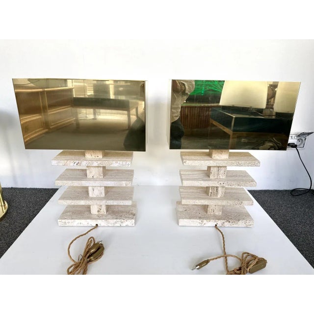 Metal Contemporary Pair of Travertine Blade Lamps and Brass Shades. Italy For Sale - Image 7 of 11
