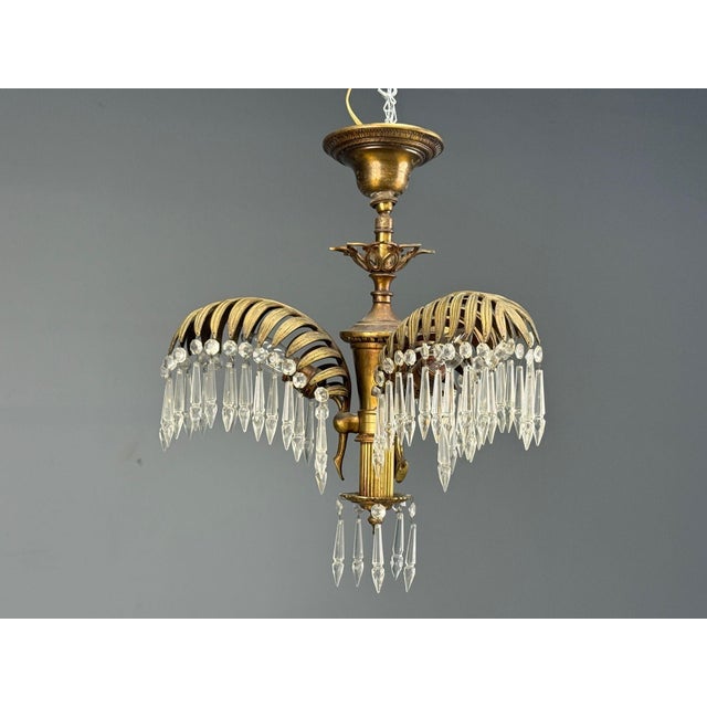 Hollywood Regency Maison Jansen Style, Palm Leaf Chandelier, Gilt Bronze, Crystal, France, 1940s For Sale - Image 3 of 18