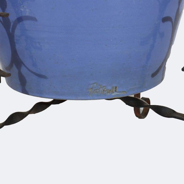 Arts & Crafts Monumental Antique Arts & Crafts Pottery Oil Jar With Wrought Iron Stand C1920 For Sale - Image 3 of 10