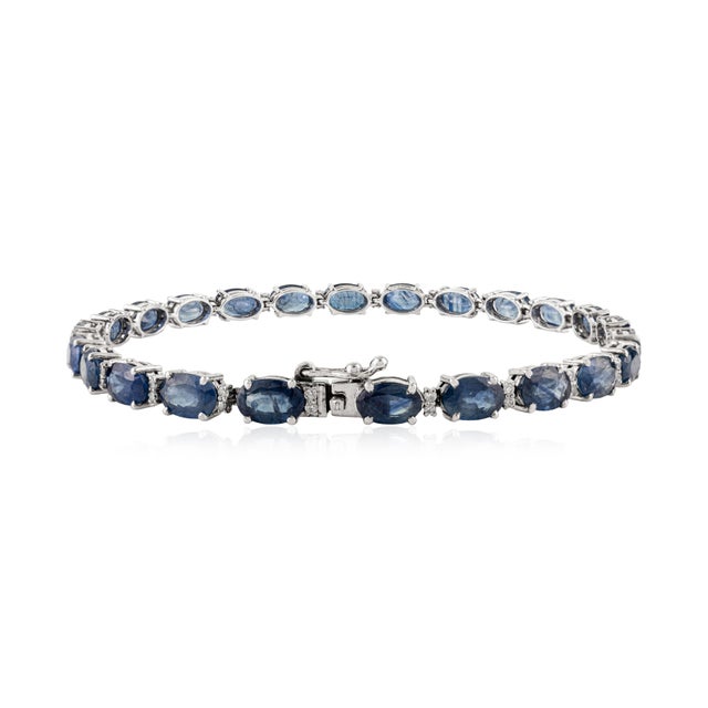 Metal 14.25Ct Natural Oval Blue Sapphire & Diamond 14k Gold Tennis Bracelet for Women- 7 Inches For Sale - Image 7 of 13