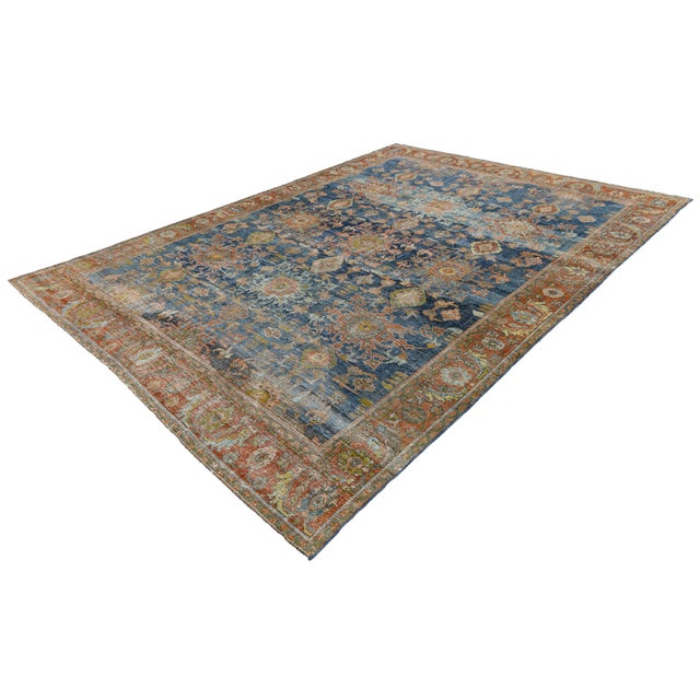 Antique Mahal Rug With Distressed Indigo Blue and Terracotta Field For Sale - Image 10 of 11
