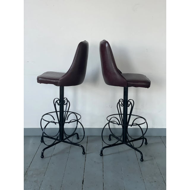 Brown 1960s Spanish Revival Barstools Cushy Brown Bucket Chairs With an Iron Scrolled Base - Set of 2 For Sale - Image 8 of 13