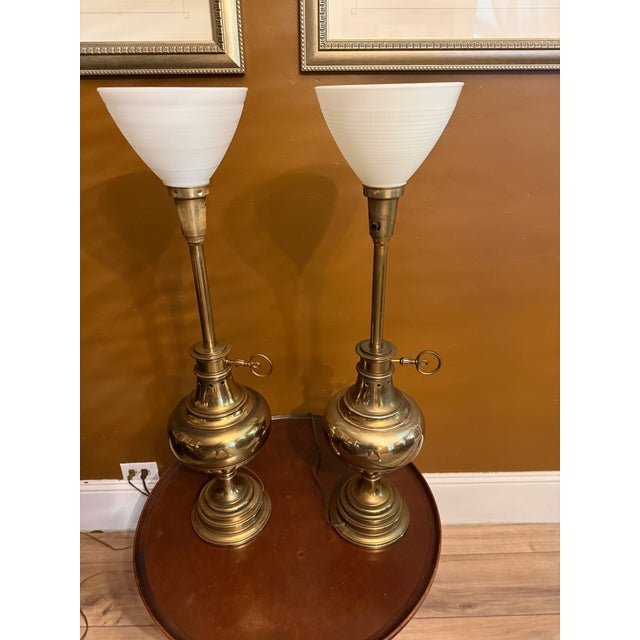 Hollywood Regency Pair Vintage Stiffel Brass Oil Lamp Style W/ Milk Glass Hollywood Regency Table Lamps W/ Additional Original Shades For Sale - Image 3 of 15