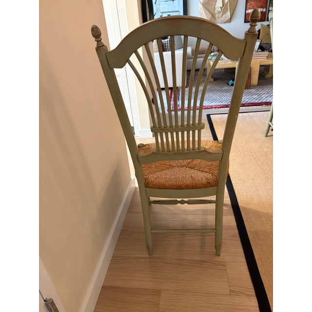 French Vintage Reproduction Hand Finished Waxed Wood Dining Table With 4 Sheaf Back Rush-Seat Chairs For Sale In New York - Image 6 of 12