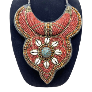 1970s Tibetan Beaded Bib Collar Necklace, Coral, Turquoise, Cowrie Shells