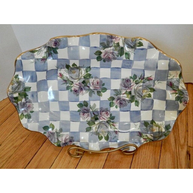 1990s Mackenzie Childs Blue Honeymoon Morning Glory Flower Check