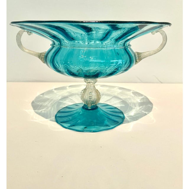 Italian Italian Murano Glass Blue Footed Bowl With Gold Handles and Pedestal For Sale - Image 3 of 10