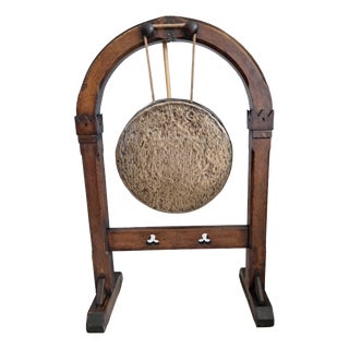 Antique Gothic Revival Oak Freestanding Dinner Gong in Silvered Brass, 1800s For Sale