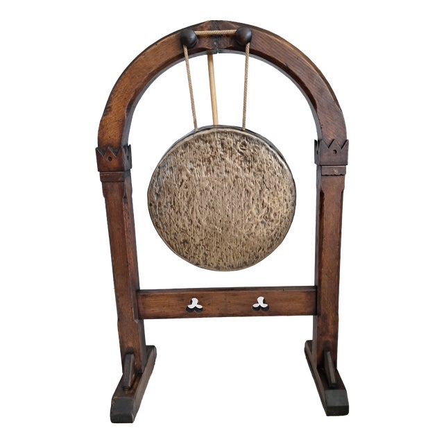 Antique Gothic Revival Oak Freestanding Dinner Gong in Silvered Brass, 1800s For Sale