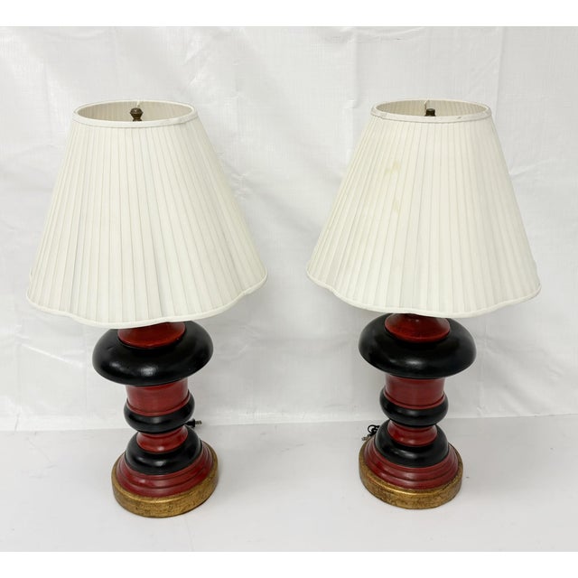1960s Red Black & Gilt Ceramic Table Lamps, American Modern - a Pair For Sale - Image 4 of 18