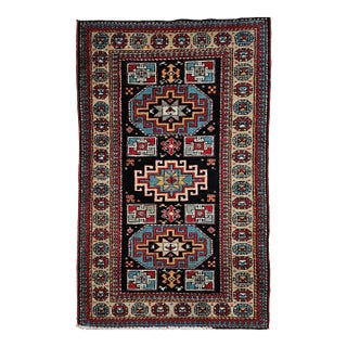 Vintage Persian Kurdish Area Rug, Handwoven Geometric Pattern, Navy & Tan, 3’ X 5’ For Sale