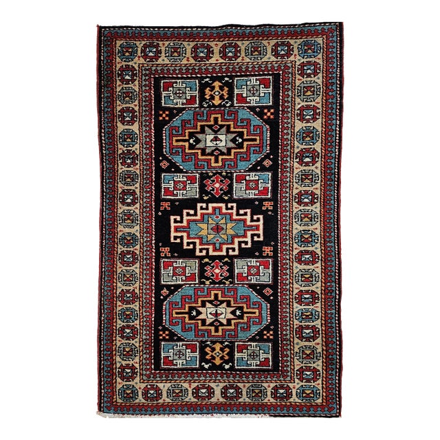 Vintage Persian Kurdish Area Rug, Handwoven Geometric Pattern, Navy & Tan, 3’ X 5’ For Sale