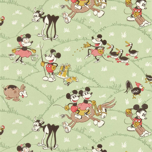 Sanderson Mickey At the Farm Wallpaper in Macaron Green - a Sample For Sale