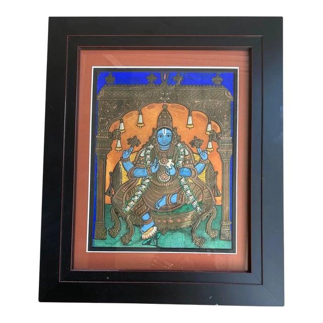 Early 20th C Tanjore Painting Dhanavantri Vishnu India Indian Thanjavur Antique Vintage Framed For Sale