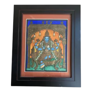 Early 20th C Tanjore Painting Dhanavantri Vishnu India Indian Thanjavur Antique Vintage Framed